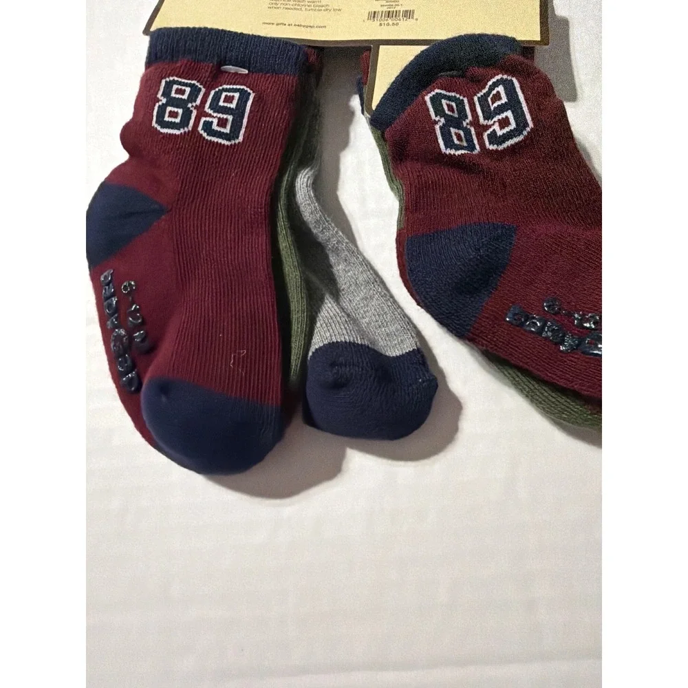 BabyGap 3 Pairs Logo Varsity Socks 6-12 Months Grey Burgundy Olive Non-Slip NEW
